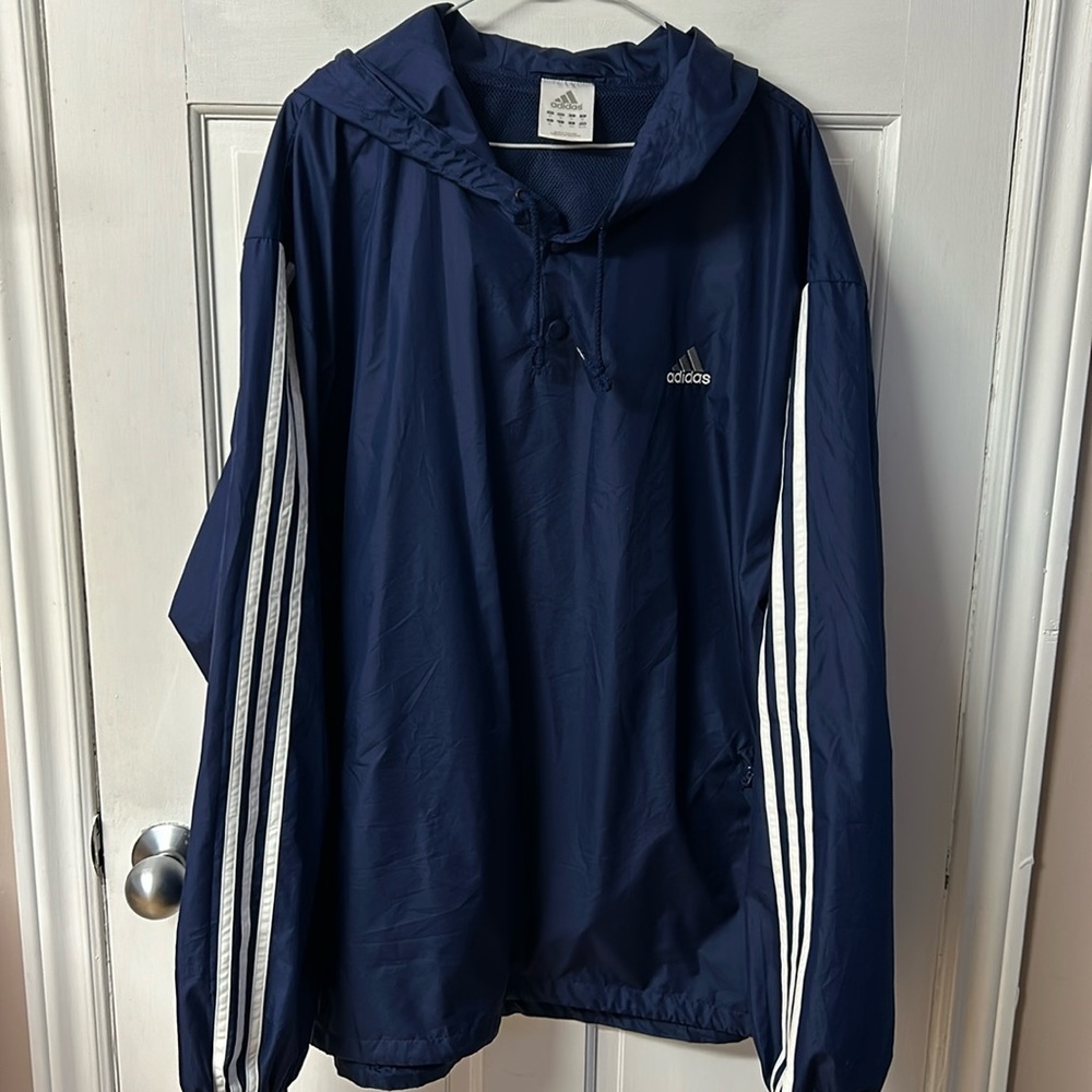 Adidas navy spring pullover windbreaker with hood men’s size XL